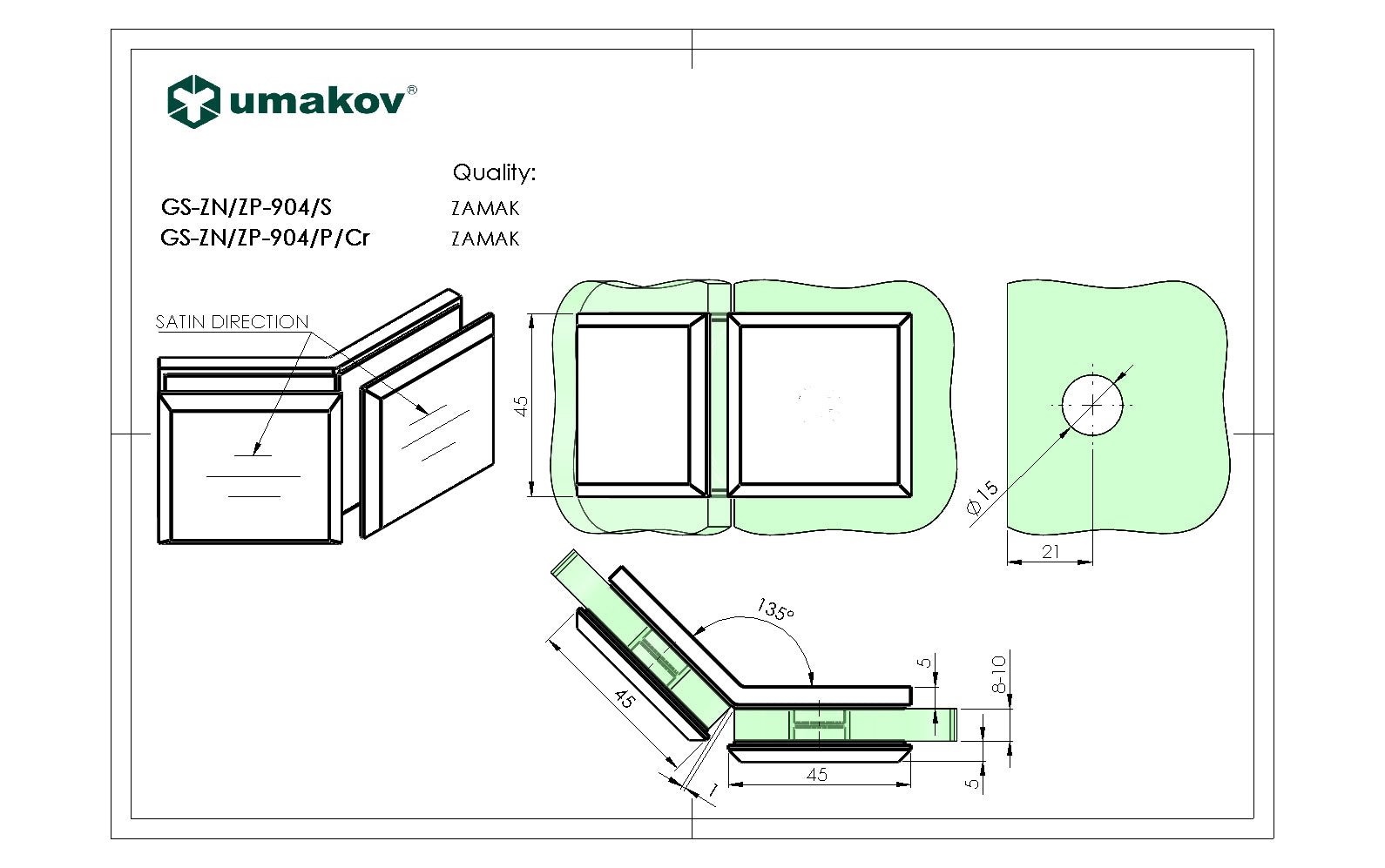 Držák skla, Zamak, 135°, T 8-10 mm