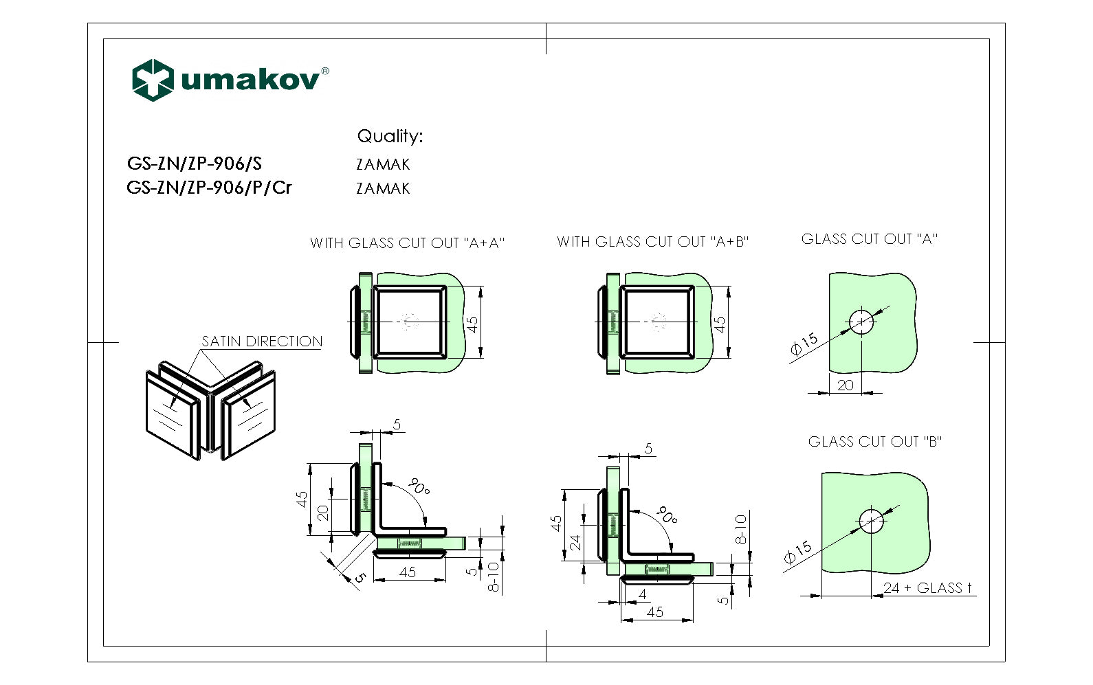 Držák skla, Zamak, 90°, T 8-10 mm