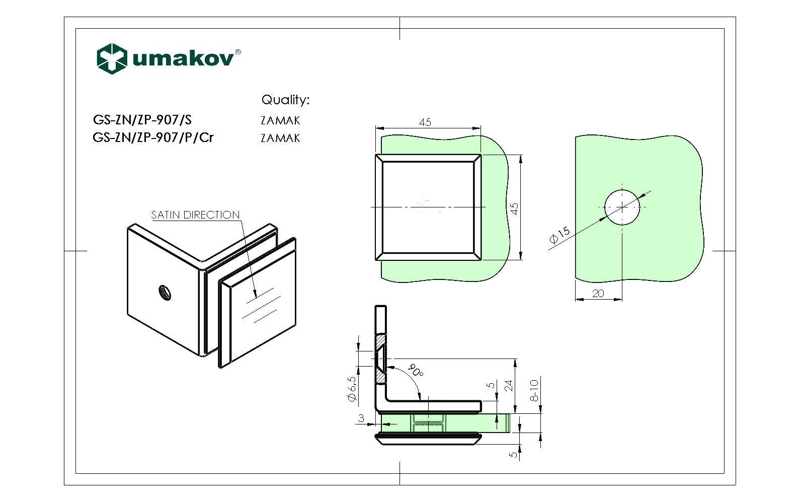 Držák skla, Zamak, 90°, T 8-10 mm