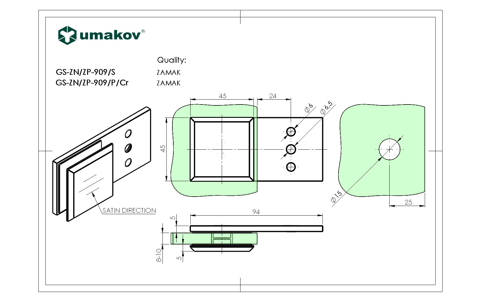 Držák skla, Zamak, T 8-10 mm