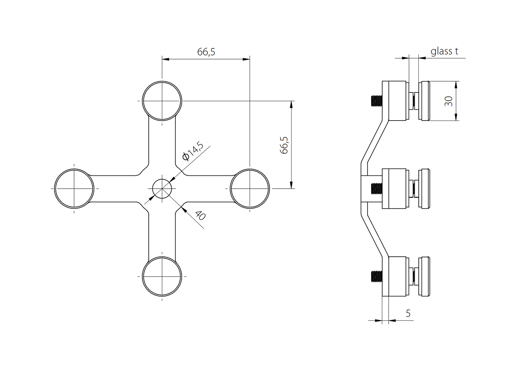 Úchyt skla, spider AISI304, 4xD30mm/90°