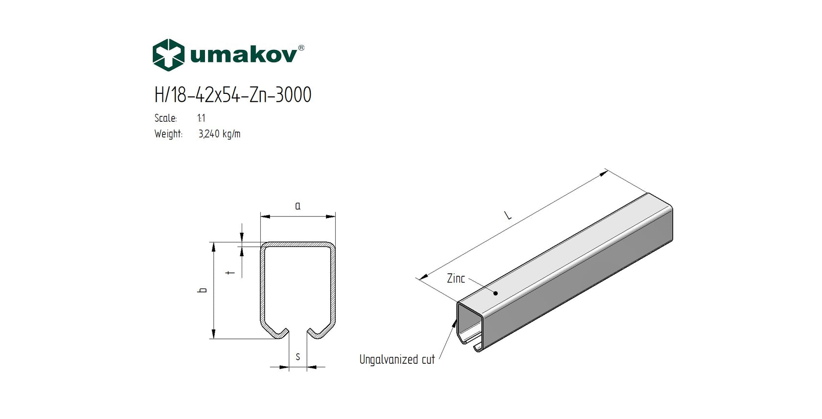 Profil vodíci Zn, 42x54x2,5mm, L3m