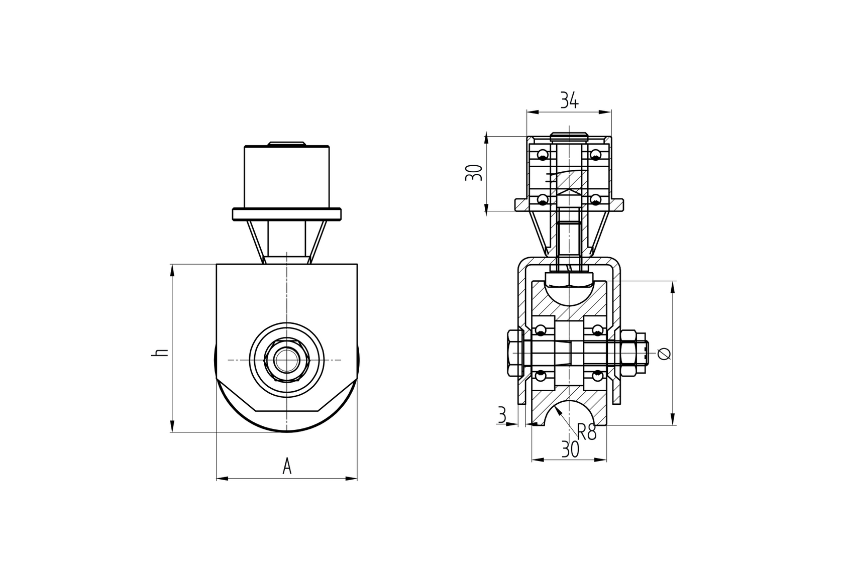 Otočná pojezdová kladka s pružinou - U, D60
