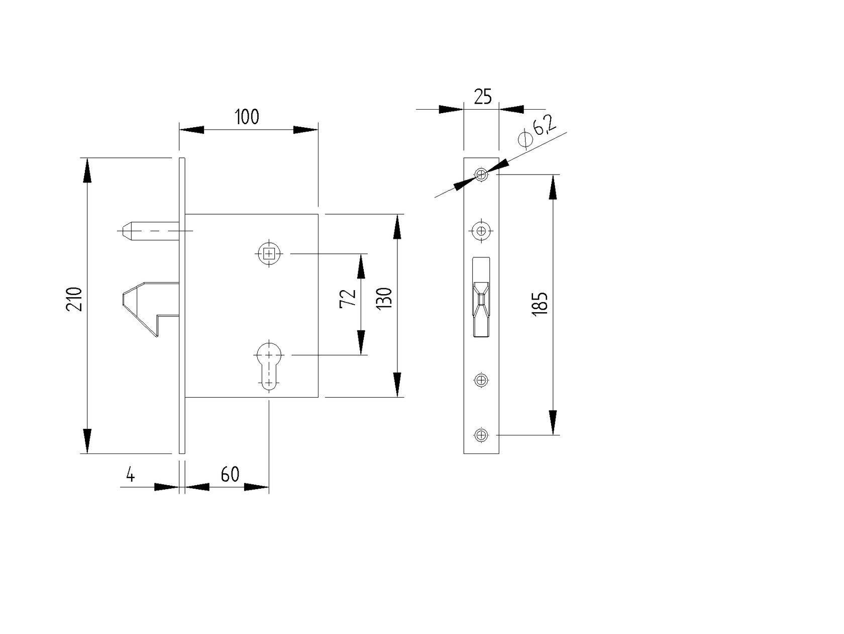 Zámek pro posuvnou bránu s protikusem 72x60mm