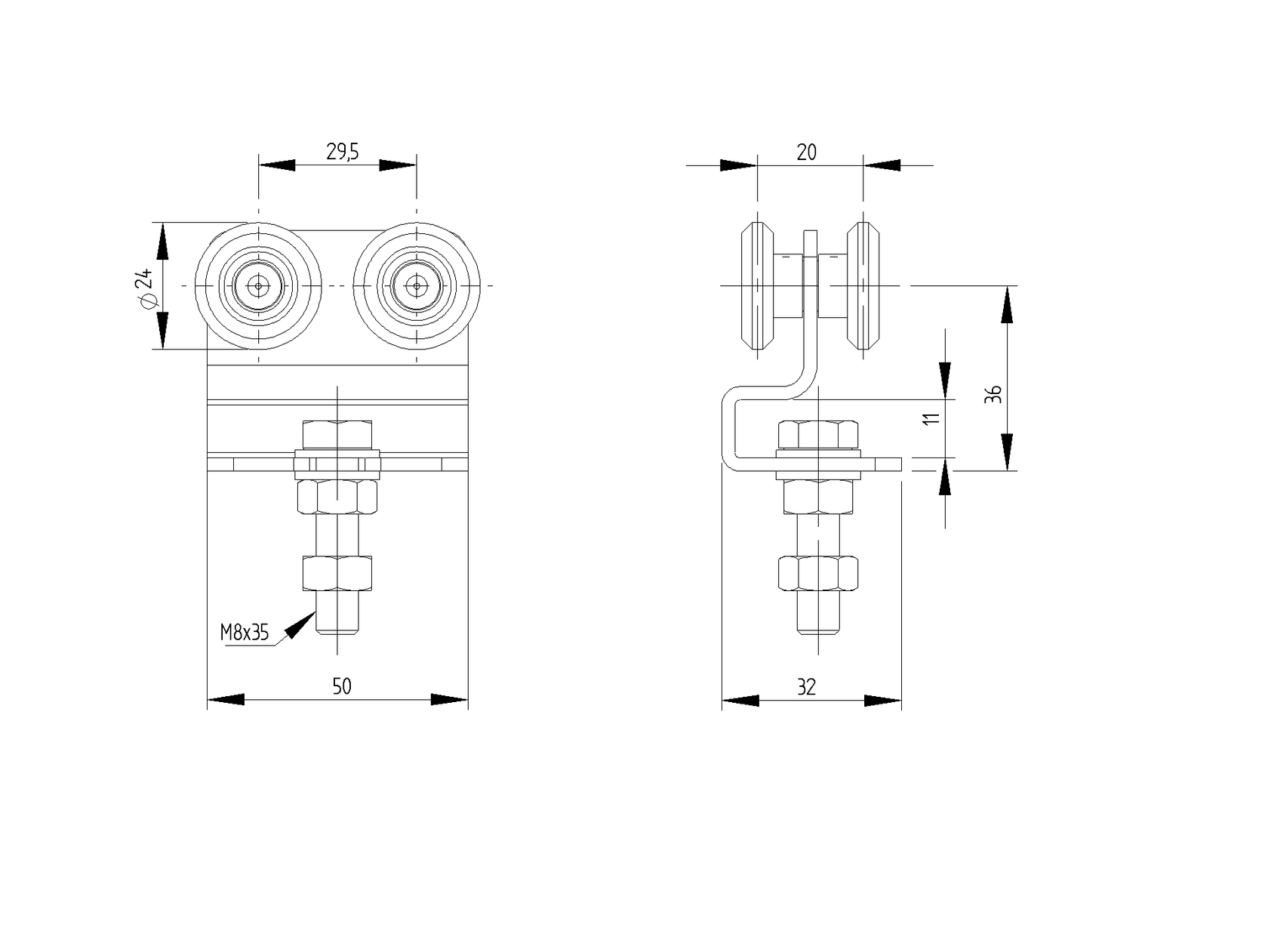 Vozík závěsný čtyřkolový NYLON, profile 33x34mm