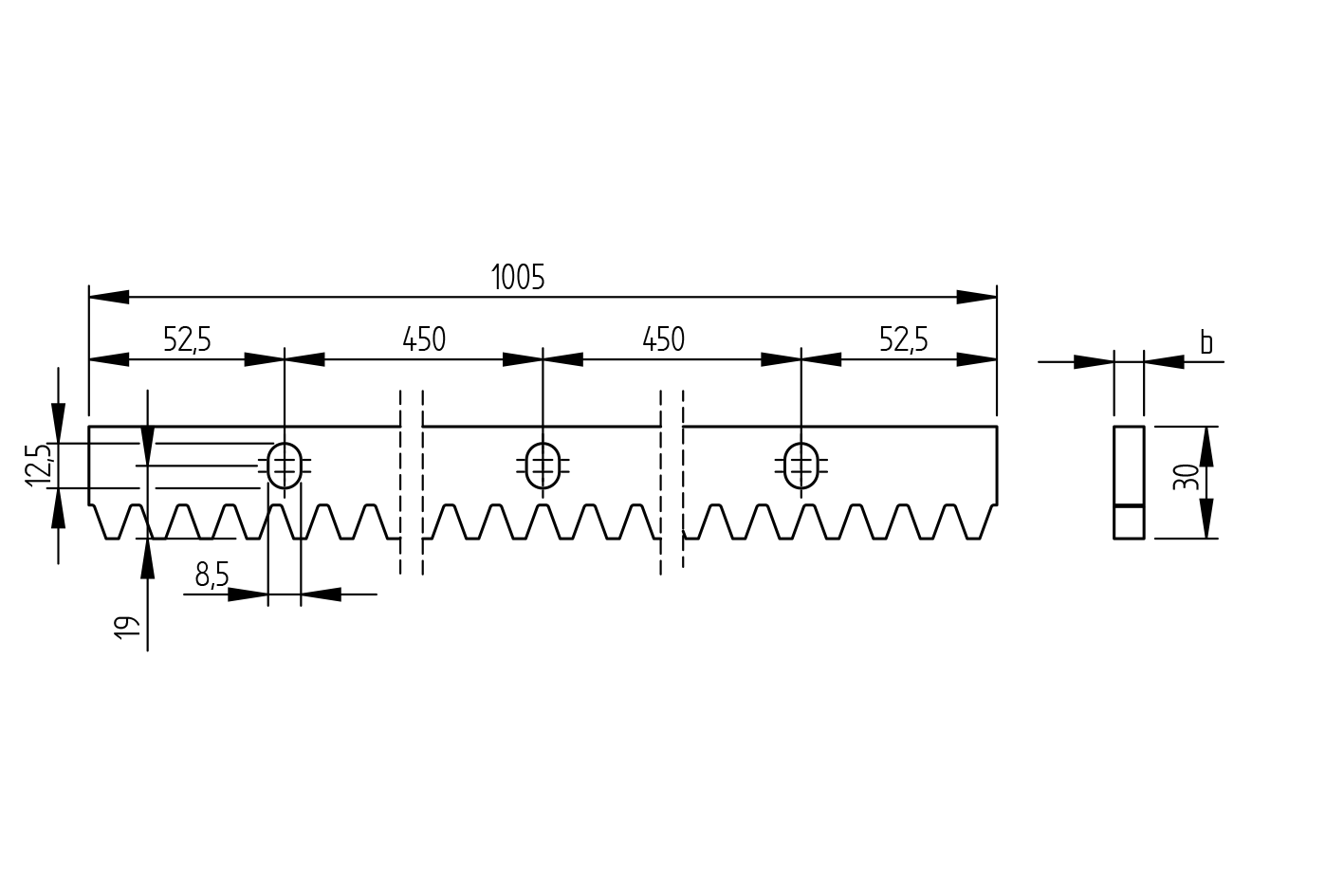 Ozubený hřeben ocelový Zn, 30x12mm, L1m,max 2200kg