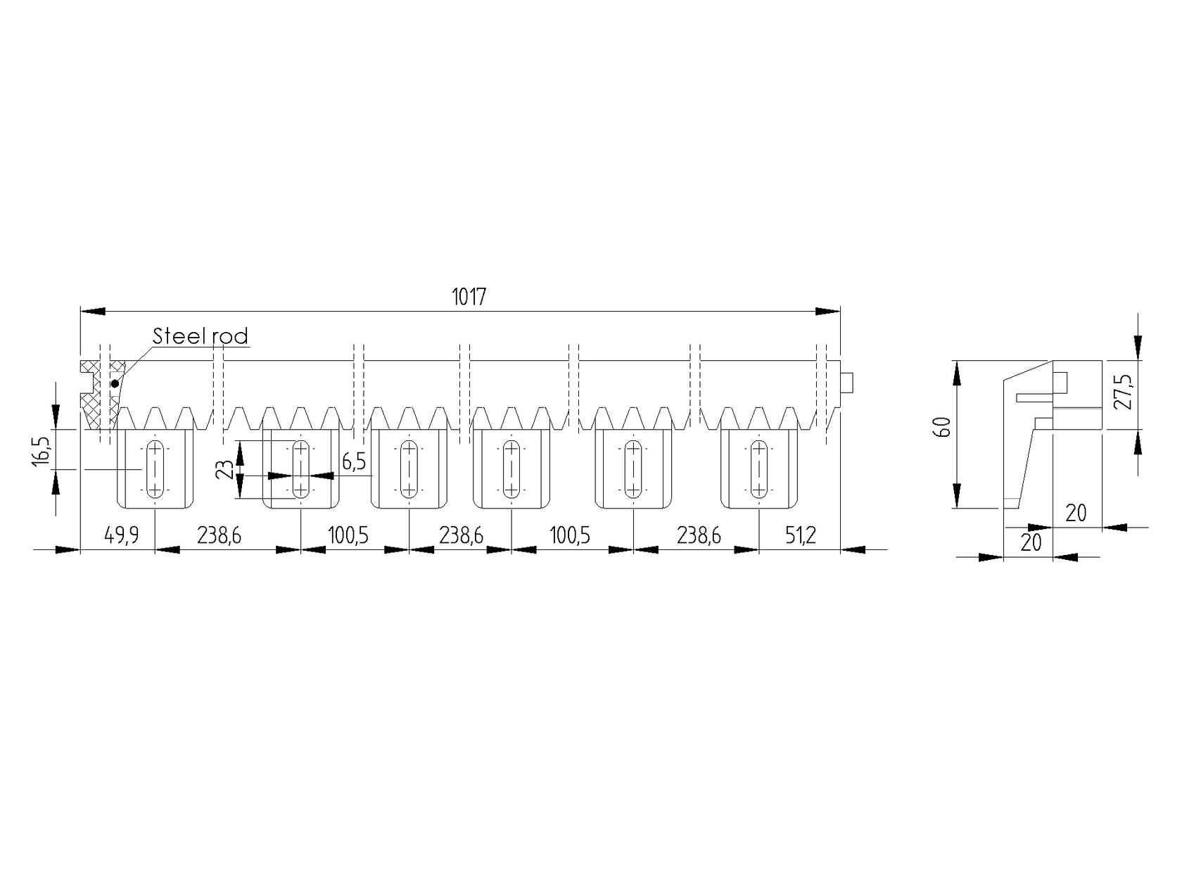 Hřeben plastový PVC+Fe,27x20mm, L 1+1m, max 700kg