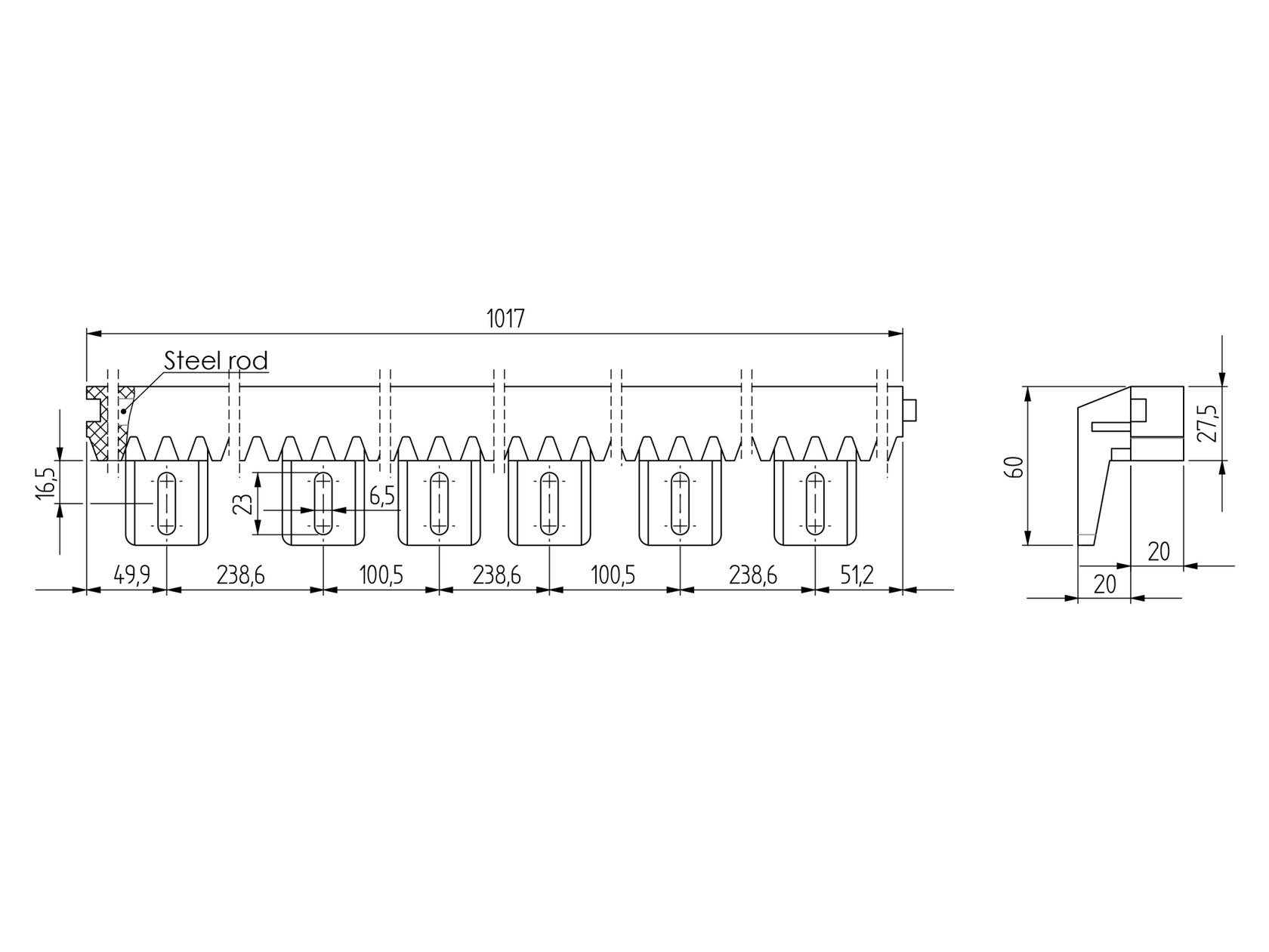 Hřeben plastový PVC+Fe,27x20mm,L1m,max 700kg