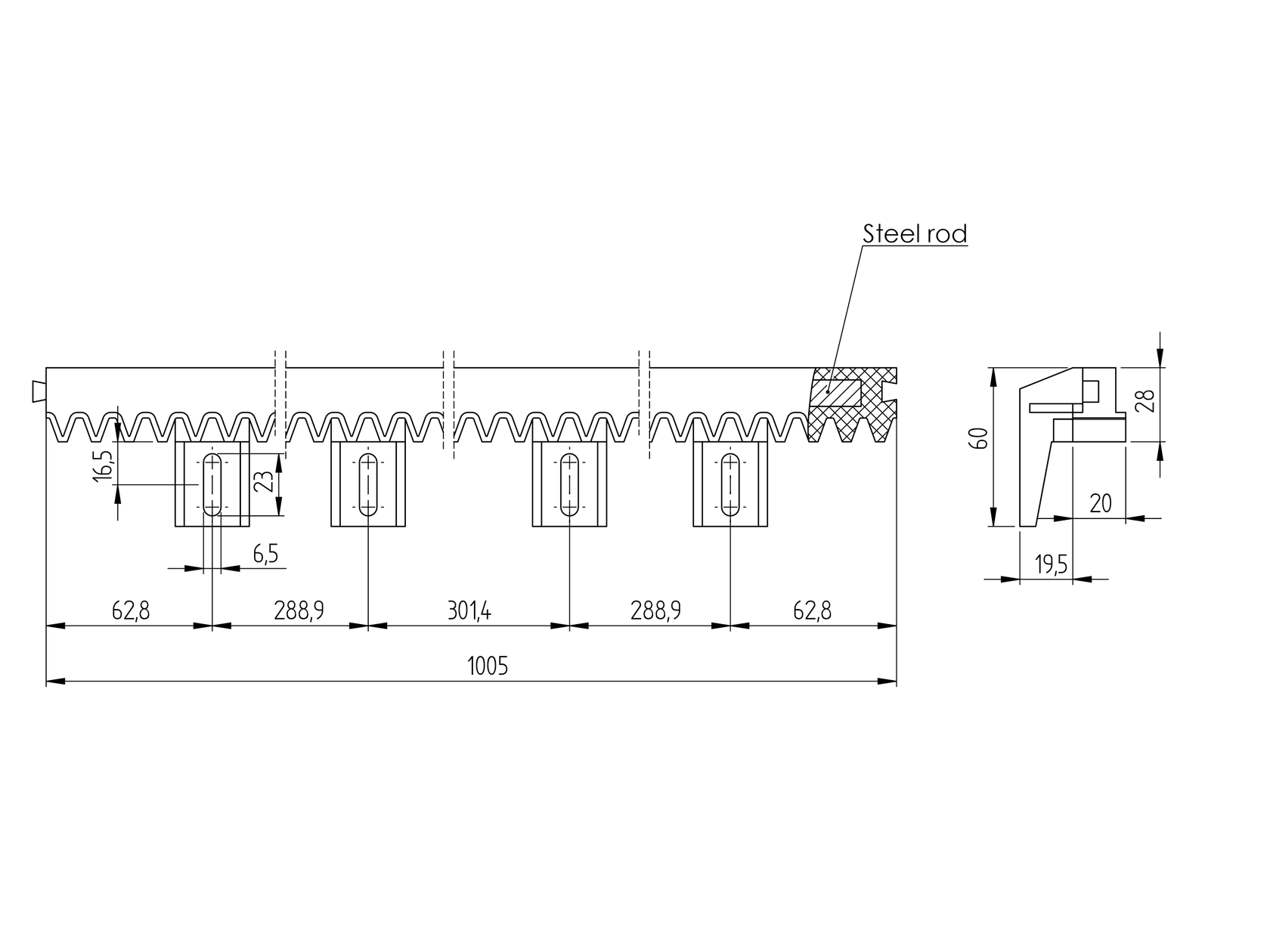 Hřeben odlehčený,max. 300kg PVC+Fe,light,27x20mm,L