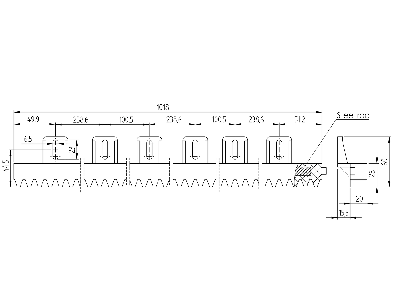 Hřeben plastový PVC+Fe,27x18mm,L1m,max 700kg