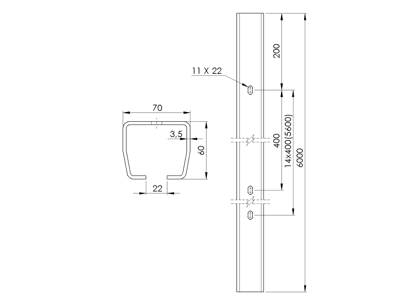 Profil vodící s otvory Zn, 70x60x3, 5mm, L6m