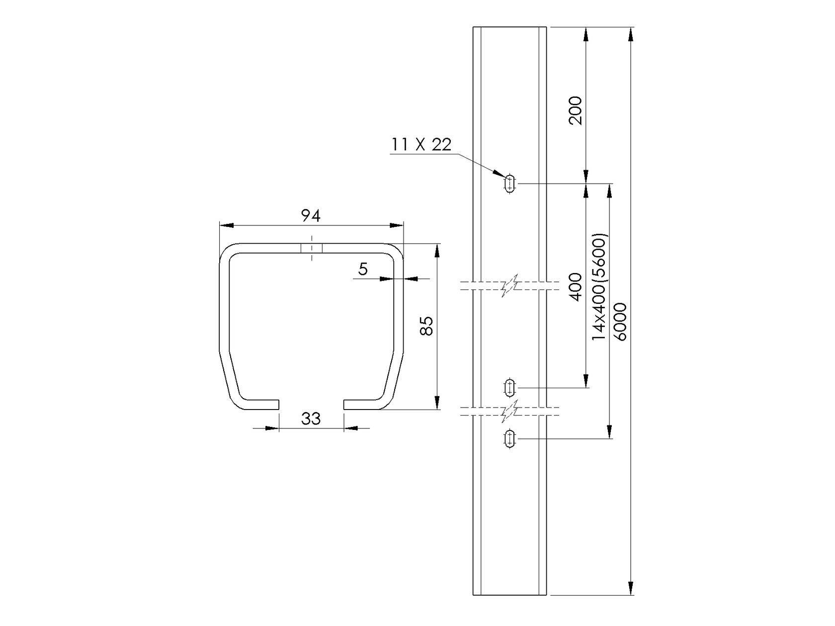 Profil vodící s otvory Zn, 94x85x5mm, L6m