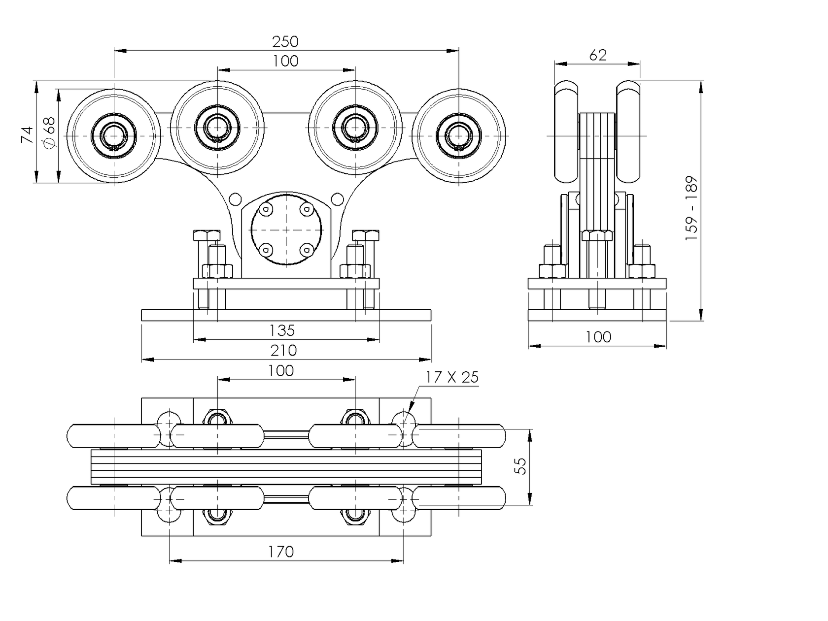 Vozík pro nesené brány Zn+NYLON, profile 90x99mm