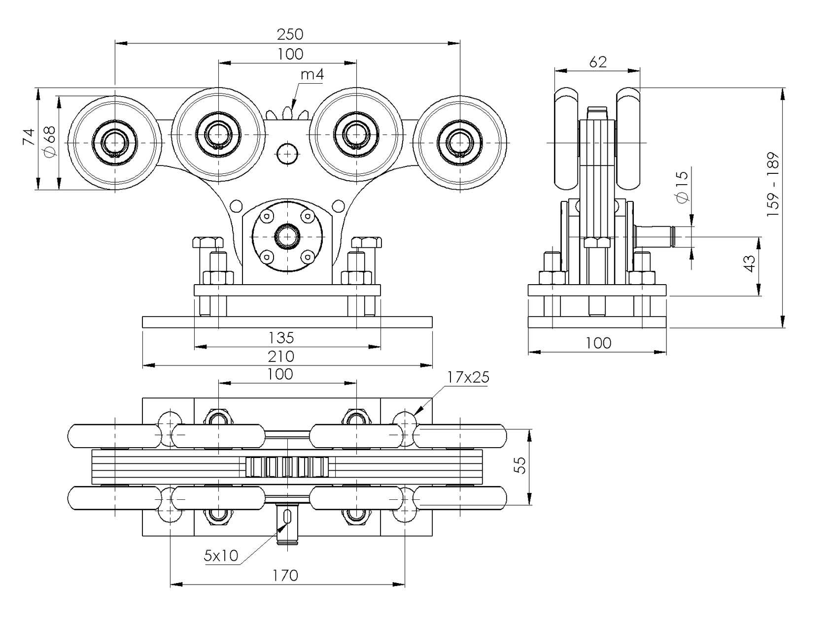 Vozík pro nesené brány Zn+NYLON, profile 90x99mm