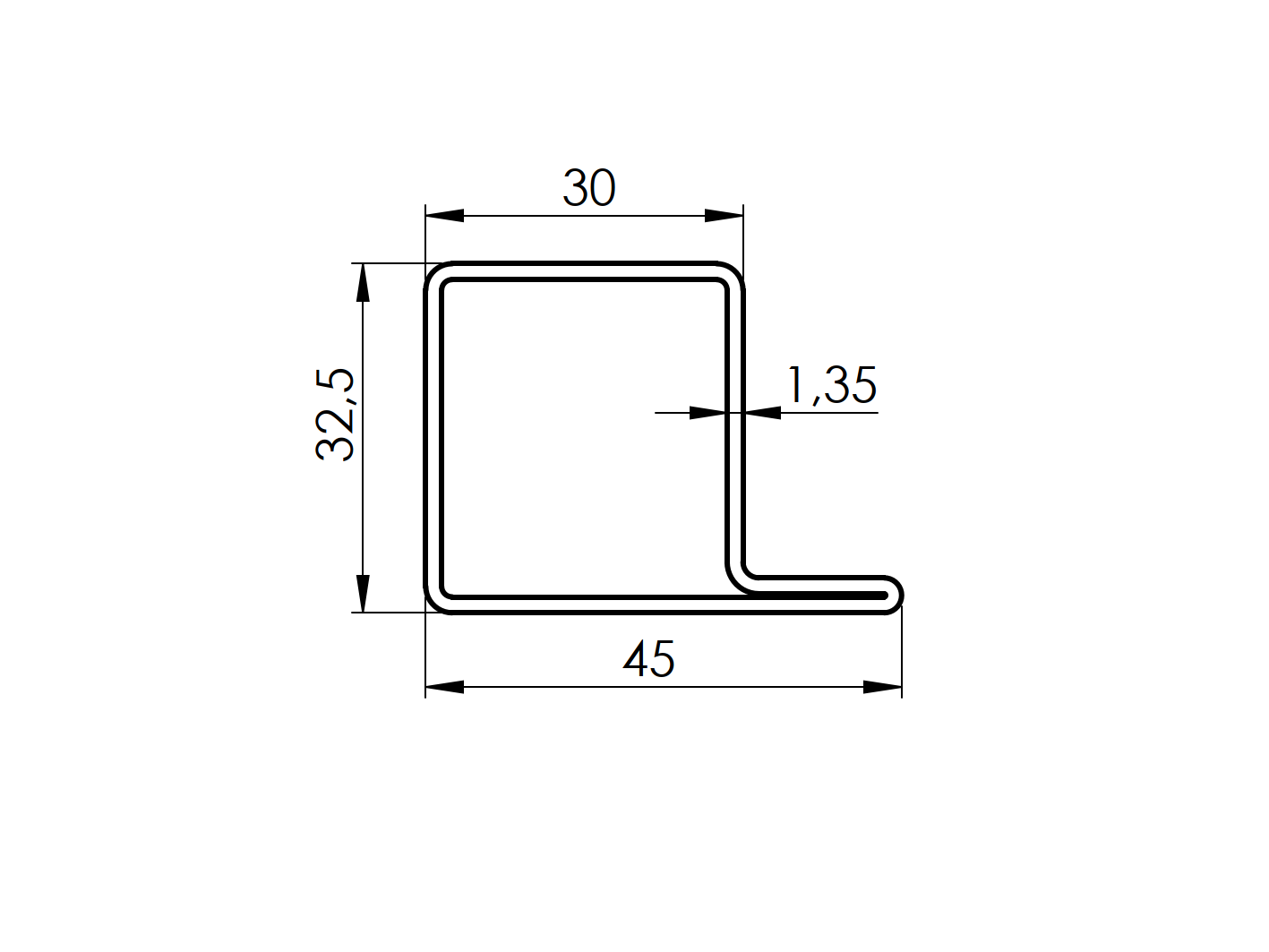Uzavretý profil L-45x30x30x1,35, L6000mm