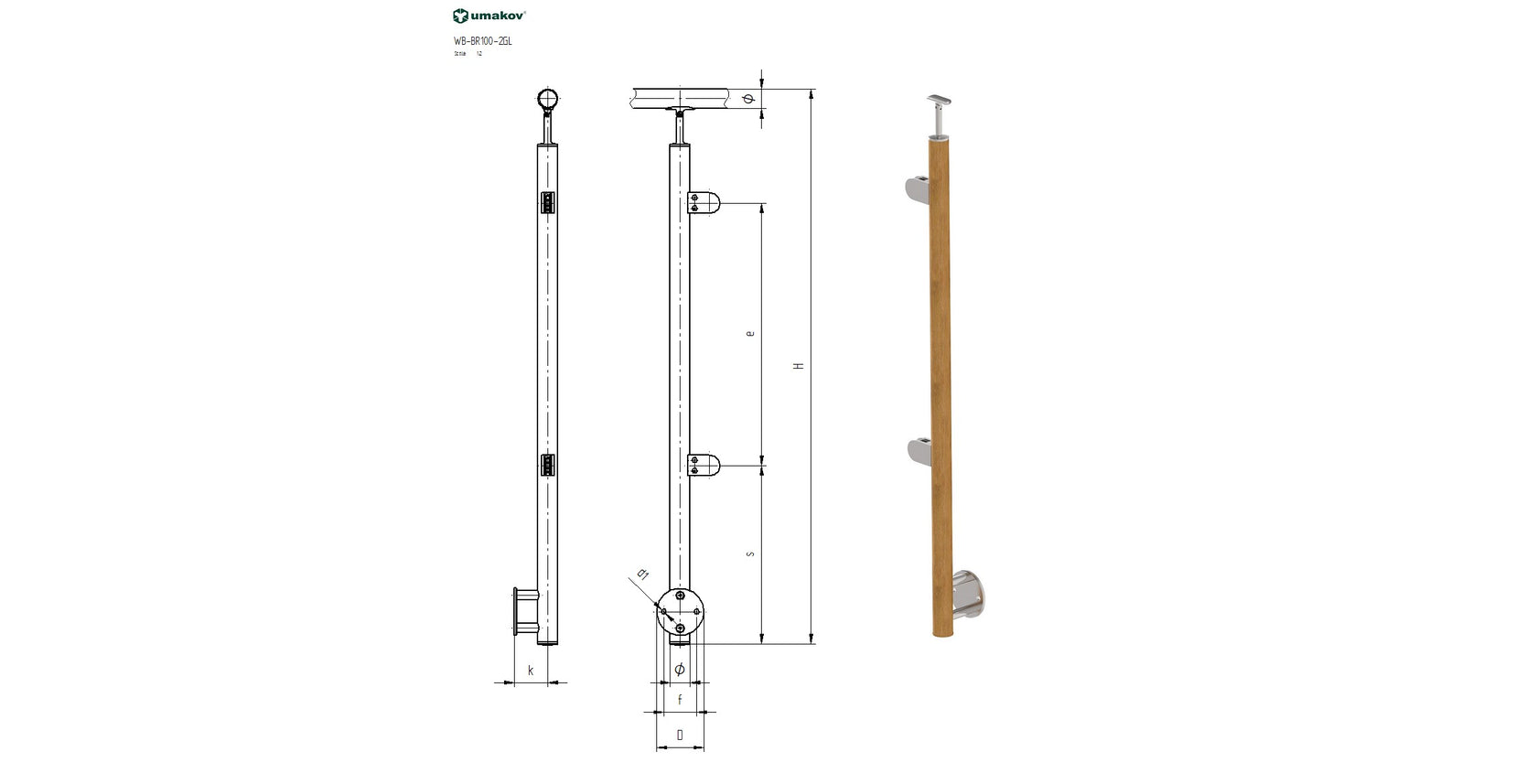 Sloupek AISI304+BEECH, D50, H1000mm