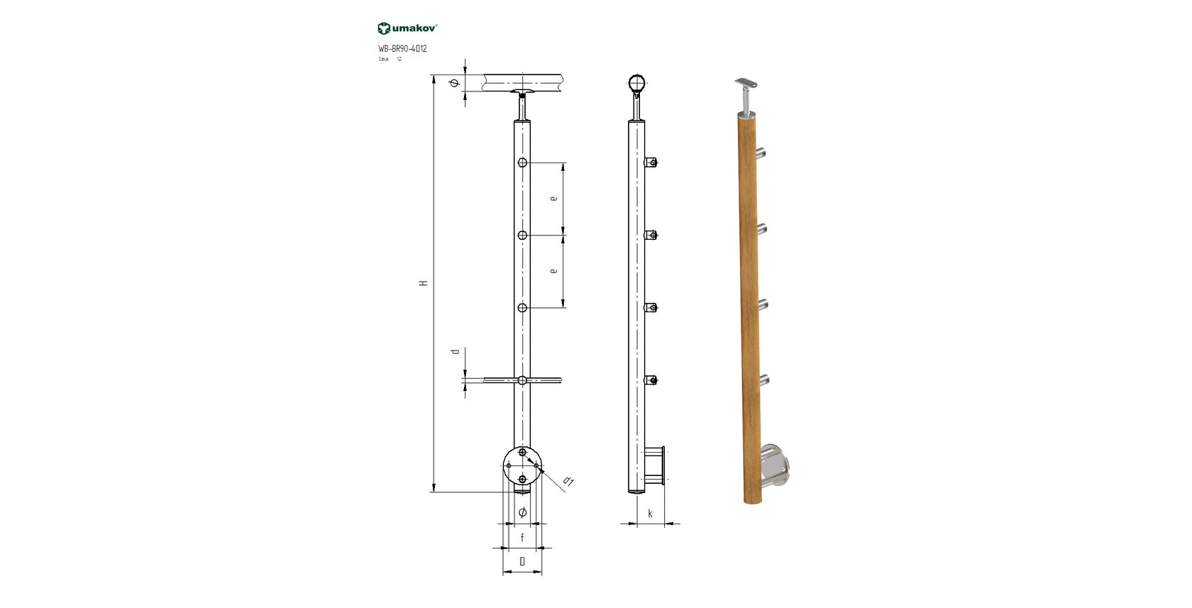 Sloupek BUK (BEECH) D50mm, 4xd12mm, H900, BK-rov