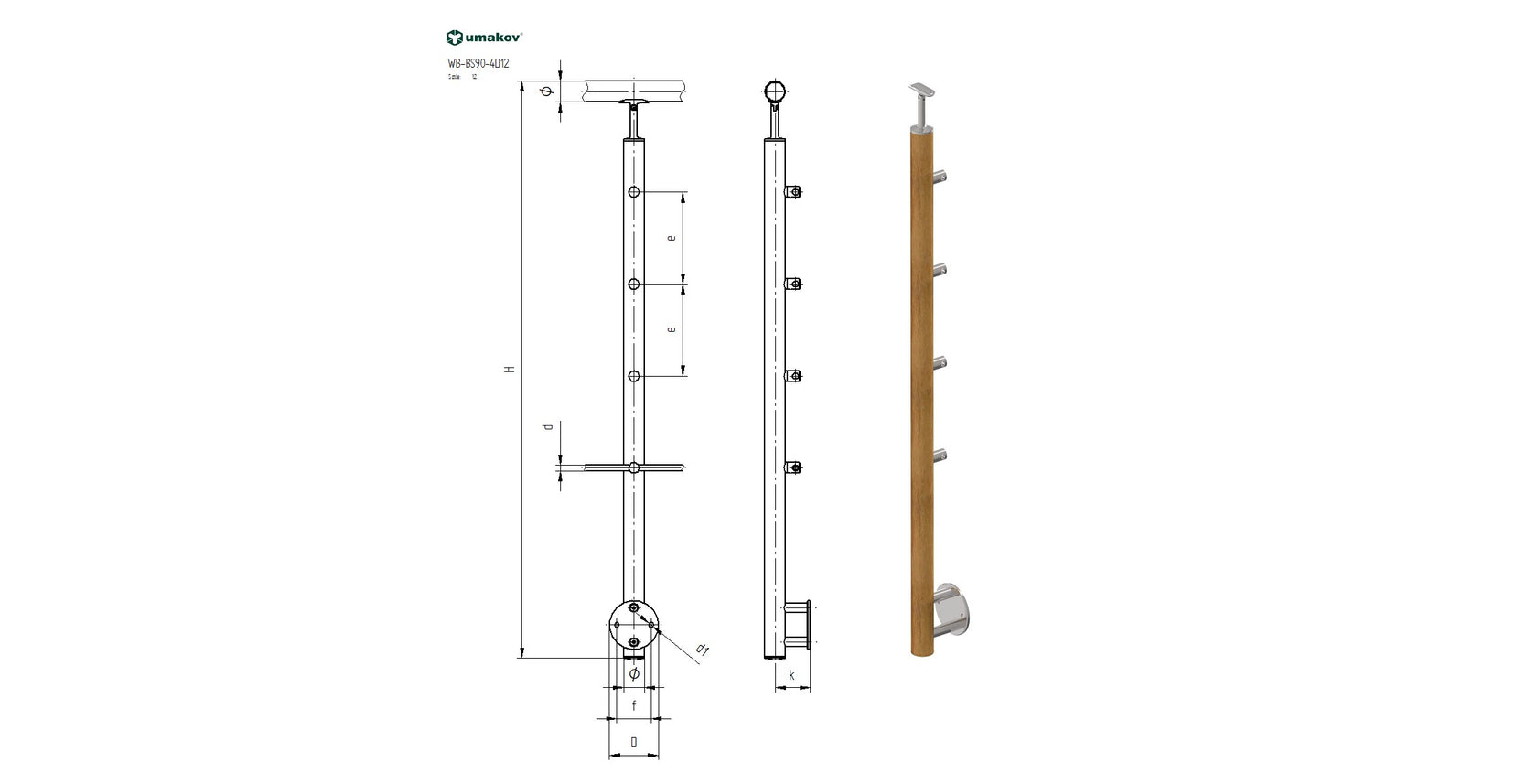 Sloupek BUK(BEECH) D50mm, 4xd12mm, H900, BK-Schody