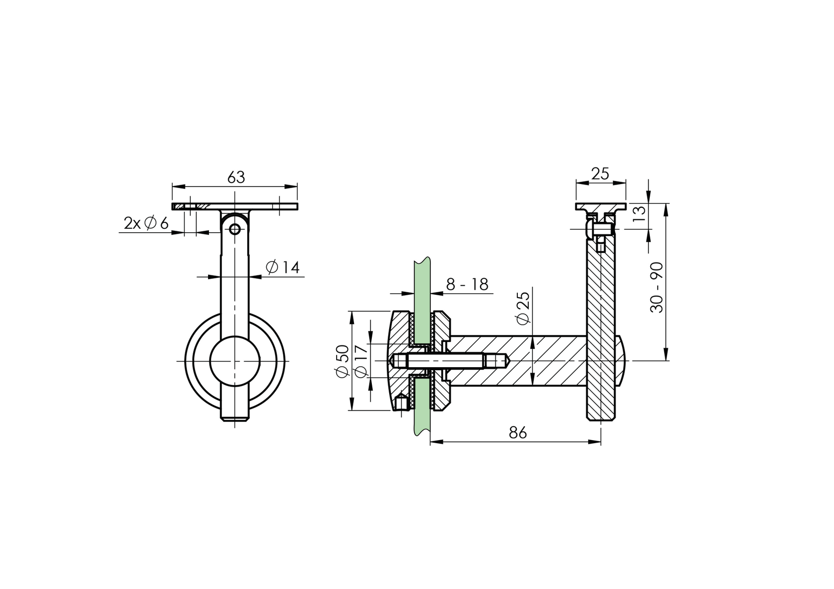 Nerezový držák madla na zeď AISI304, 40x40x2/b80mm