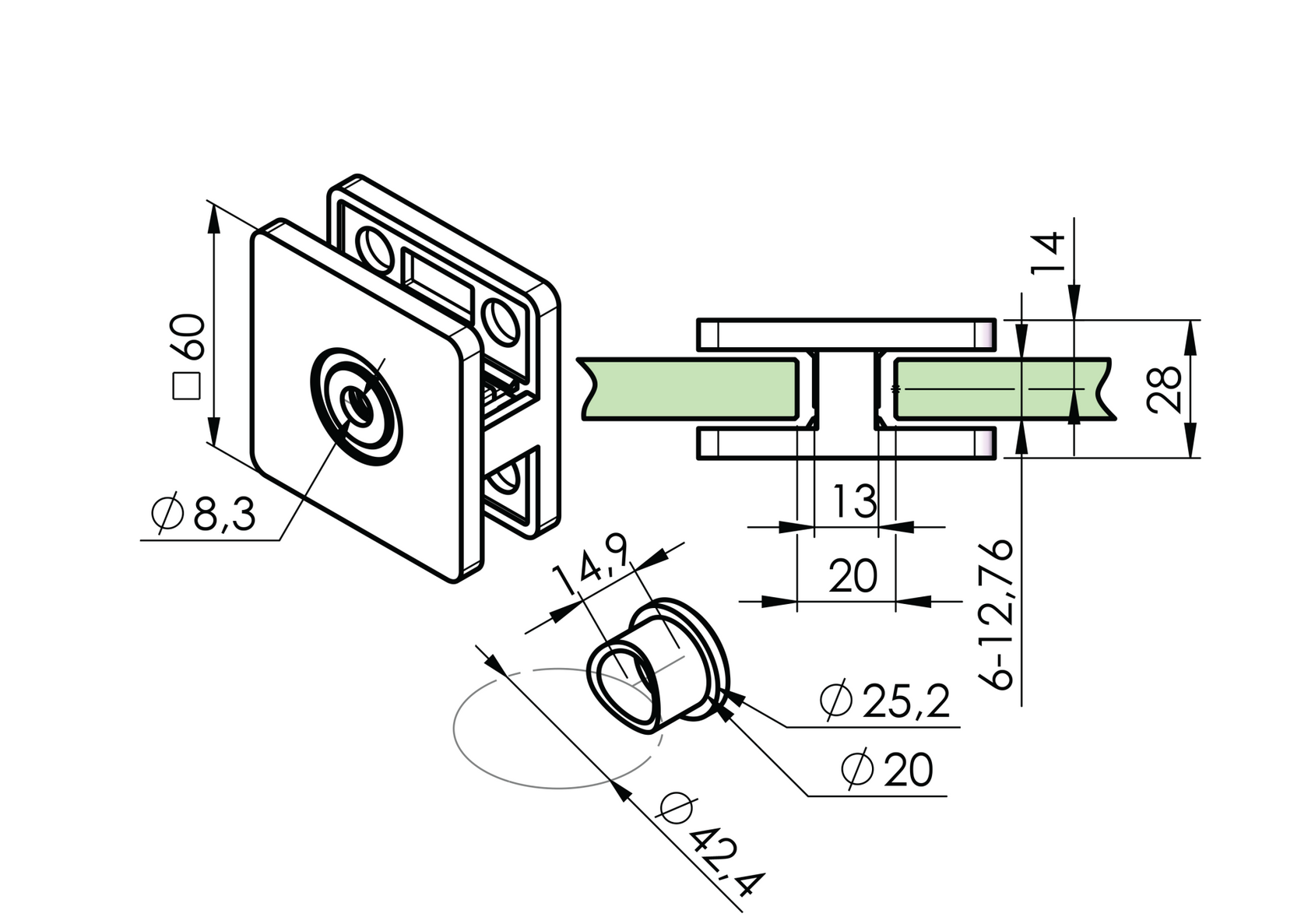 Držák skla mimoosový oboustranný