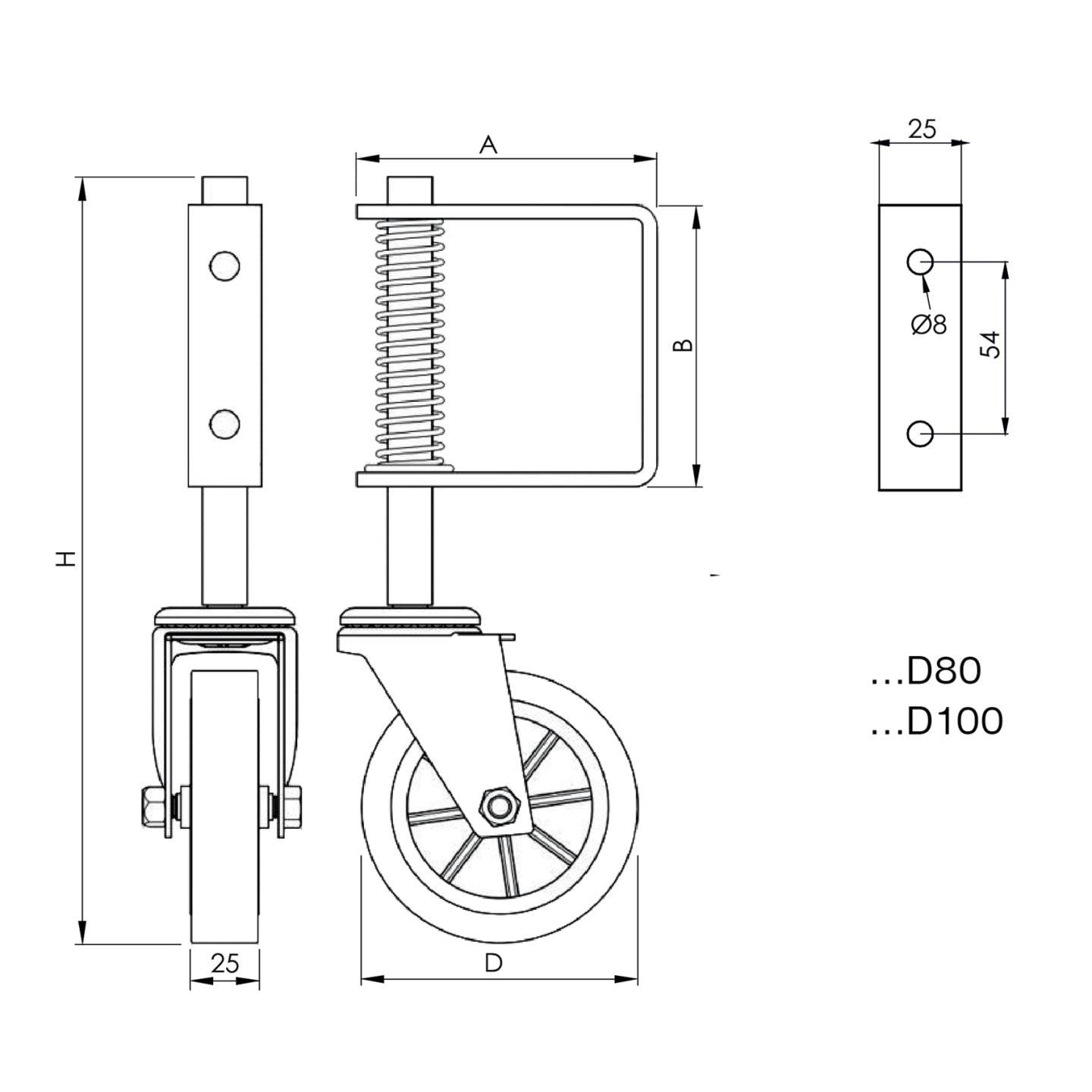 Spodní kolečko pro křídlové brány, s pružinou