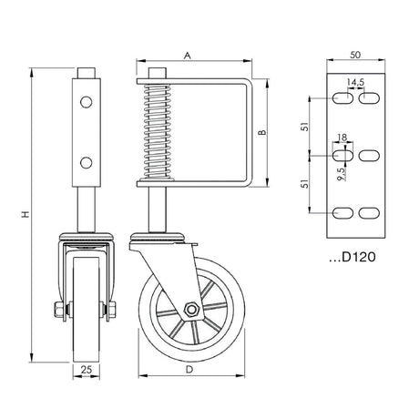 Spodní kolečko pro křídlové brány, s pružinou
