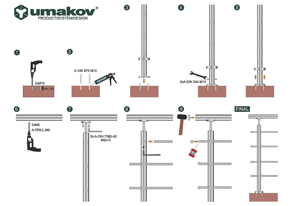 Sloupk antikor D42,4/5x12mm, v=100cm,VK-schod,lesk