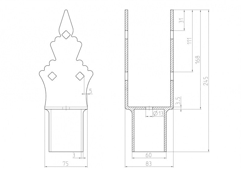Nástavec na zem. vrut zdobený Zn U 75x75x165x60mm